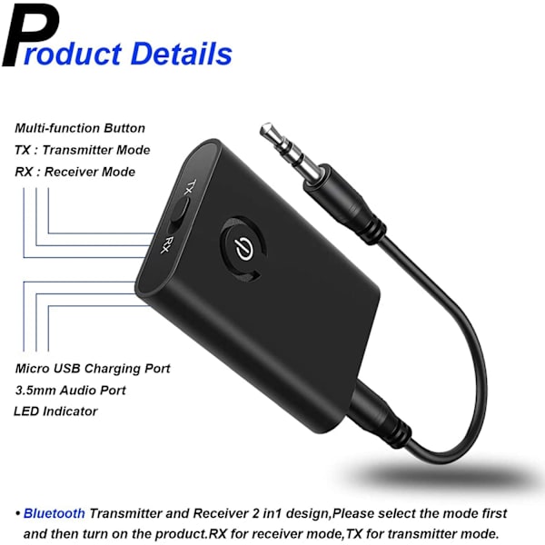 Bluetooth 5.0 Sender/Mottaker, 3,5 mm Jack