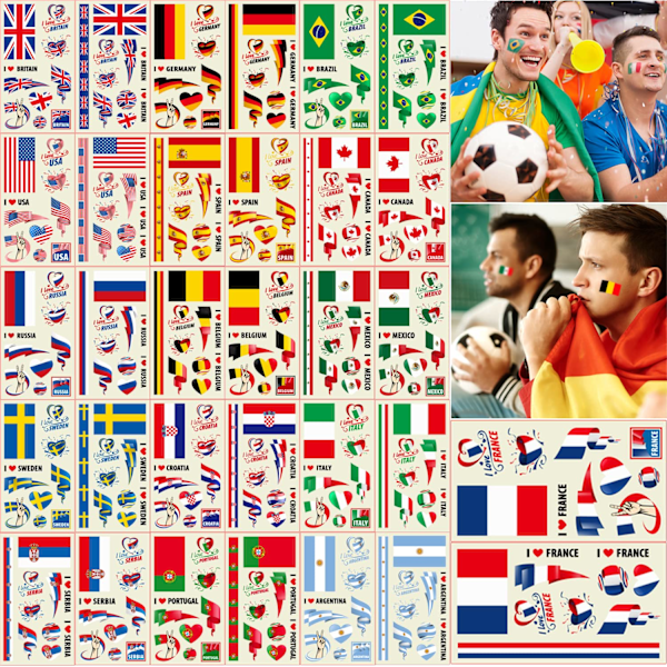 32 ark National Flag midlertidige tatovering klistermærker 2022 VM