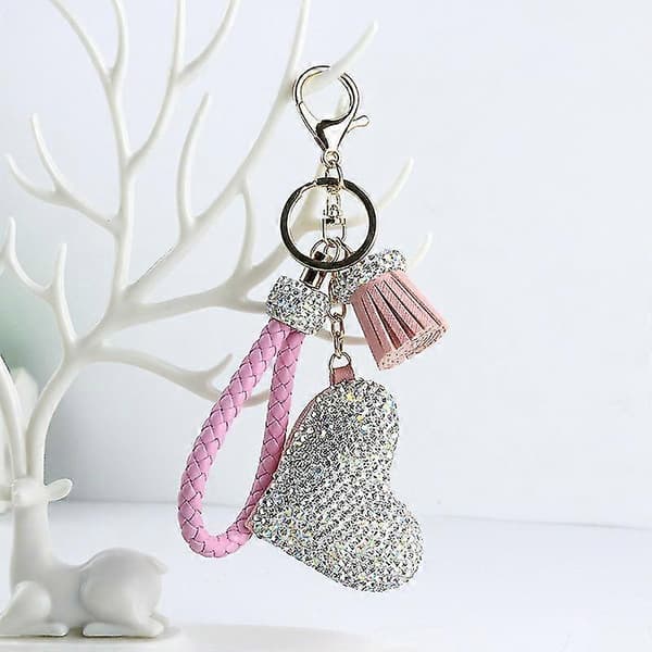 Bling nøglering til bil og tasker, hjerteformet rhinstensnøglering med kvast og håndledsrem (pink)