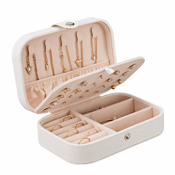 Smykkeæske, lille smykkeorganisator til rejser, opbevaringsboks til ringe, øreringe, halskæde, armbånd, premium kunstlæder smykkegaveæske, hvid white