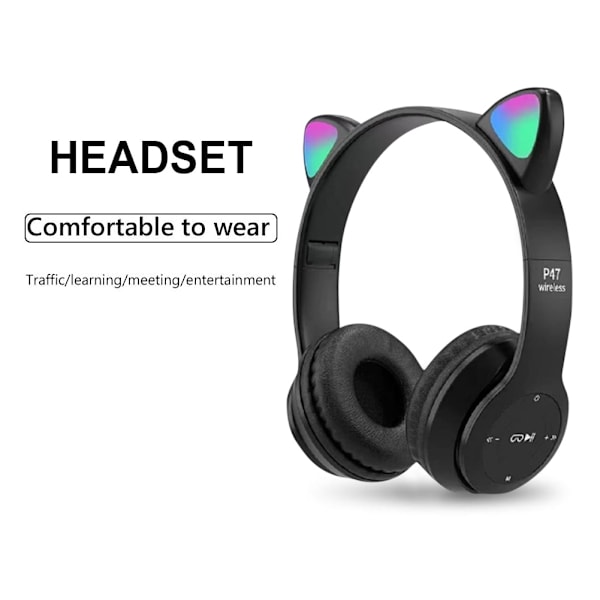 Kattöronhörlurar Trådlöst Gaming Headset med Stereo Bas Inbyggd Mikrofon & Anpassningsbar Belysning och Effekt (Svart) pink