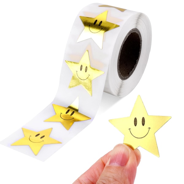 500 stykker Golden Star Smile Face-klistremerker, Stjerneklistremerker for belønningskart Belønningsstjerneklistremerker for barn Gullstjernesmilklistremerker (2,5 cm diameter)