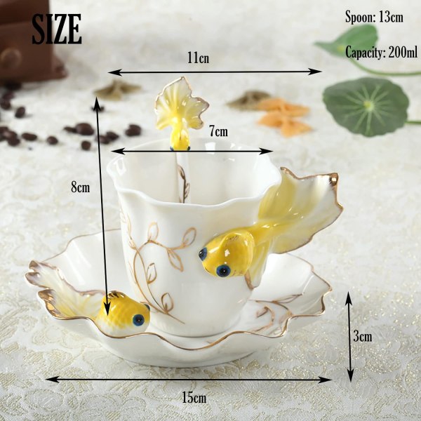 Keramisk tekopp, 3D guldfisk kaffemuggar set, handgjord porslin emalj guldfisk kaffekopp med fat och sked set porslin tekopp yellow