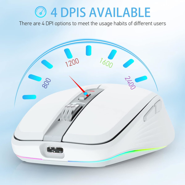 2.4G+BT5.1 Trådløs mus med dobbel modus, ergonomisk design, 4-trinns justerbar DPI, innebygd oppladbar batteri for bærbar PC white