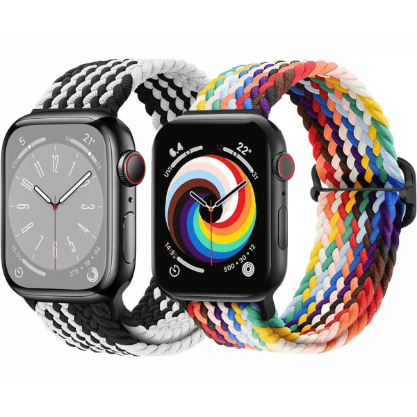 Punottu Solo Loop -yhteensopiva Apple Watch -rannekkeet 42mm 44mm 45mm 49mm, säädettävät joustavat nauhat elastiset urheilurannekkeet iWatch-sarjaan colorful+black white 42/44/45/49MM