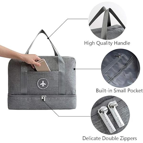 Vanntett treningsbag, duffelbag, reisebag, overnattingstaske, tørr våt separasjon, weekendbag, håndveske, sportsbag, treningsbag, svømmebag for menn og kvinner grey