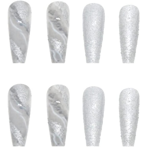 24 Pcs Marble Fake Nails Long, Grey Glitter Press on Nails Designs, Medium Ballerina Stick on Nails for Women, Acrylic Coffin French False Nails