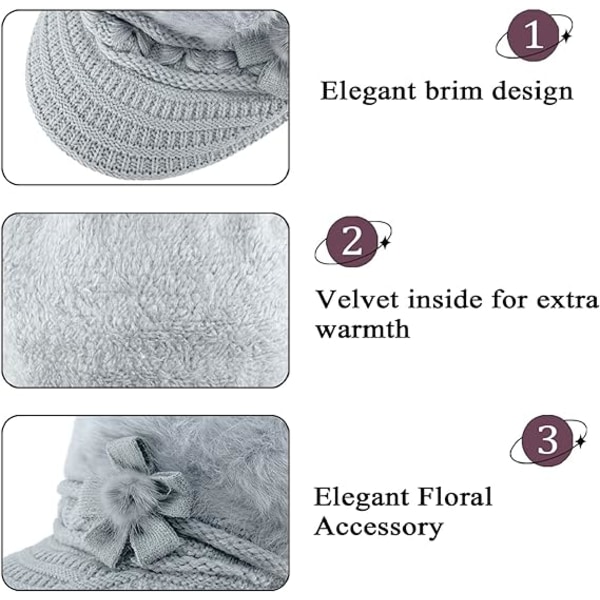 3-osainen hattuhuivi- ja set talven lämpimiä naisia, neulottuja kukkapipopipoja, joissa Visor Fleece -hatut ja kaulanlämmittävä huivi hanskoineen
