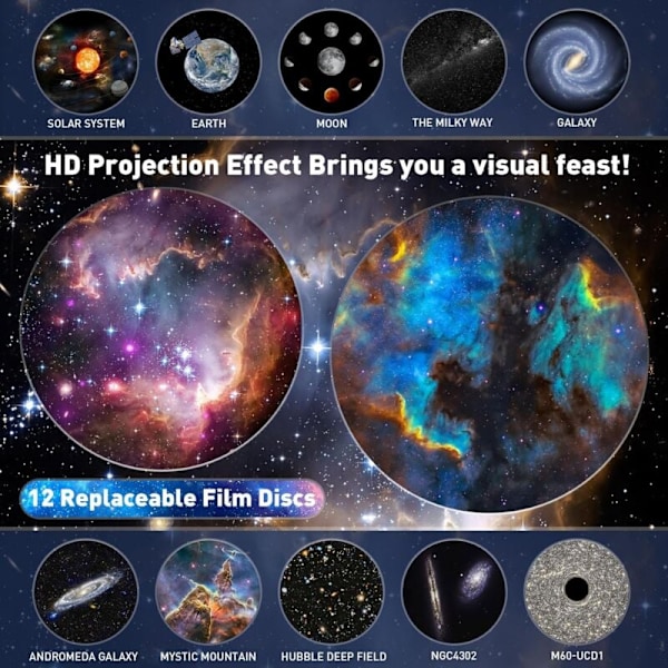 Stjernehimmelprojektor Planetariumprojektor, Galakseprojektor med 13 filmdisker, Nattlampeprojektor 360° rotasjonsjustering for soveromstak