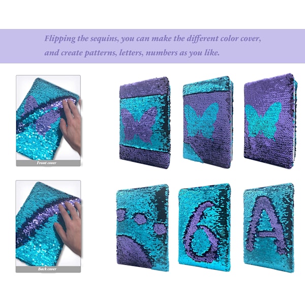 Reversibel Sequin-notatbok for jenter, A5-størrelse, lilla sommerfugl til blå jente-dagbok for skriving, tegning, for jenter og gutter