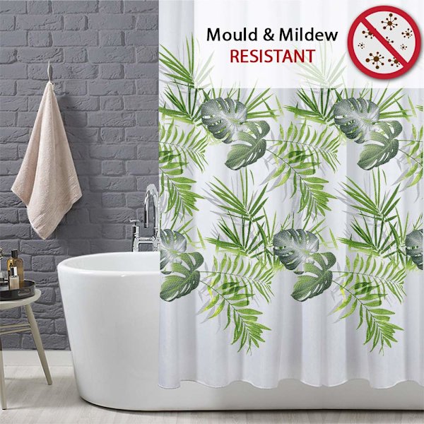 Dusjforheng Mugg- og muggsoppbestandig 180 x 180 cm (71 x 71 tommer) | 100 % polyester - Bladsmønster - Palmegrønn