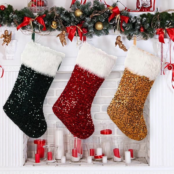 Julepynt, julestrømper med paljetter