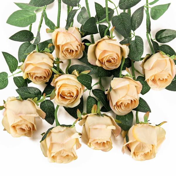 10 stk. Kunstige Rosenblomster Lange Stilk Silke Roser (Champagne)