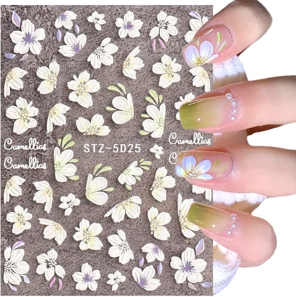 5D Präglade Vårblommor Nagelkonst Dekaler 4 Ark