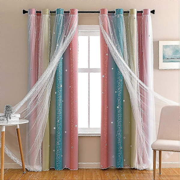 Dream Star Mörkläggningsgardiner för Barnrum Flick Prinsessgardin för Dotters Sovrumsfönster (Rosa Blå, B132 x L244 cm)