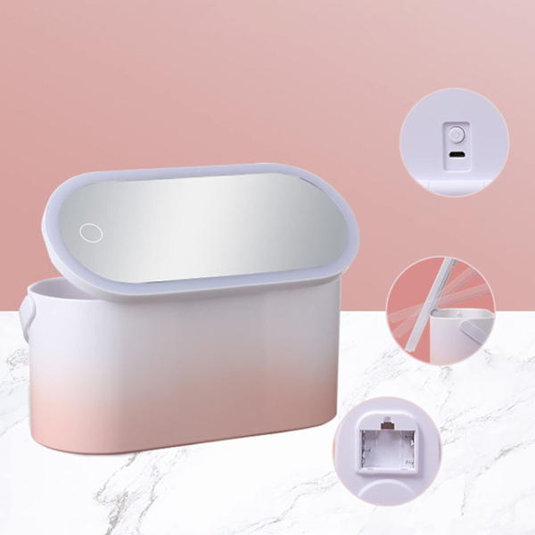 Bærbar LED Makeup Box, Kvinder Rejse Makeup Box Organizer Opbevaring med LED Spejl Rejse Toiletartikler (Pink Gradient)