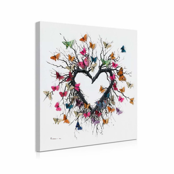 Print för fjäril Väggkonst för sovrum: Hjärtformade grenar omgivna av färgglada fjärilar Bild med kärlekstema för tonårsflickor (30x30 cm)