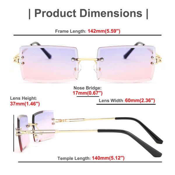 Vintage Rimless Solbriller Rektangulære Rammeløse Candy Farve Briller Kvinder Mænd