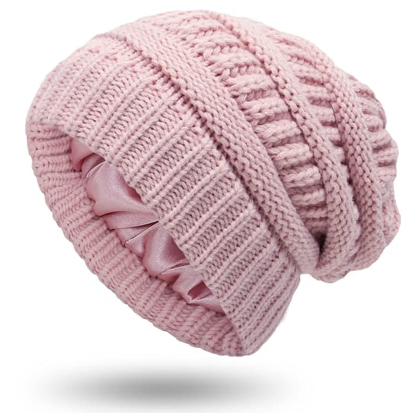 Stickad mössa för kvinnor, foder i satin, skidmössa för kvinnor, slouchy vintermössa för flickor pink