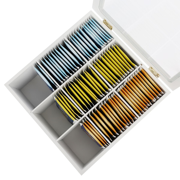 Tebox i trä med 9 fack och displayfönster - Förvaringslåda för tepåsar vit - 23 x 23 x 9 cm