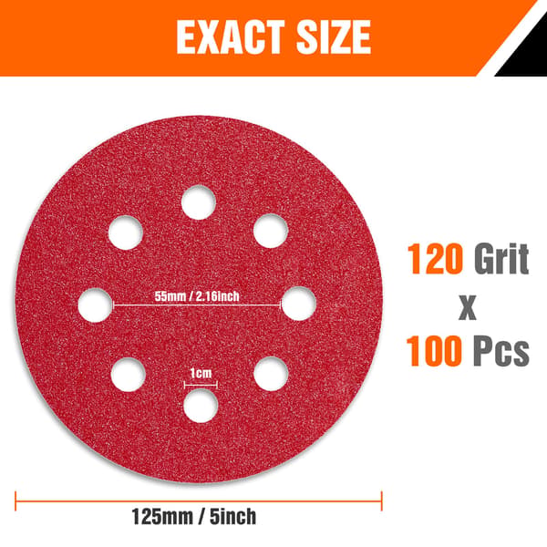 125mm Slippapper, Korn 120, 100-pack, 8 Hål, för Excenterslip
