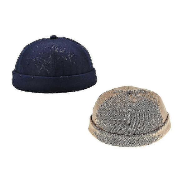 2-pack Herr Docker Hatt Sjömansmössa Mekaniker Bikermössa Skull Beanie Mössa Enkel - 2 st - Ljusbrun+marinblå-