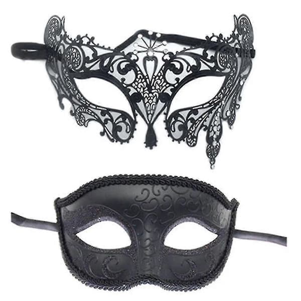 2 stk. Maskerade masker sett for par, svarte halvmasker for dansefest