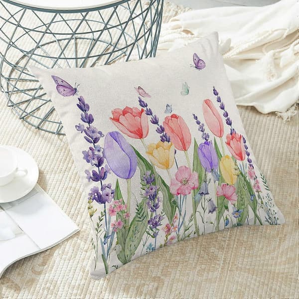 2-delt sæt med blomstrede pudebetræk, tulipaner, lavendel, blomster