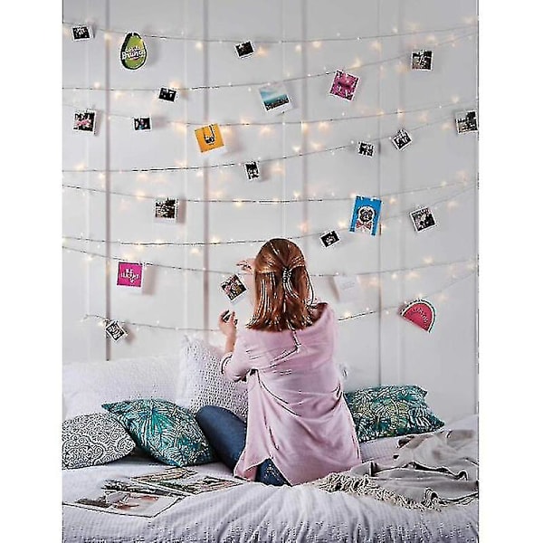 10m 100 LED-lampor med 50 klämmor för foton, varma