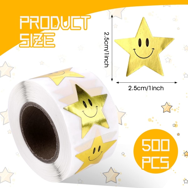 500 stykker Golden Star Smile Face-klistremerker, Stjerneklistremerker for belønningskart Belønningsstjerneklistremerker for barn Gullstjernesmilklistremerker (2,5 cm diameter)