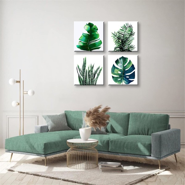 Botanisk veggkunst i grønt - 4 deler innrammet tropisk maleri Naturlig eukalyptus Monstera løvverk Canvas kunstverk 4 deler 12x12 tommer