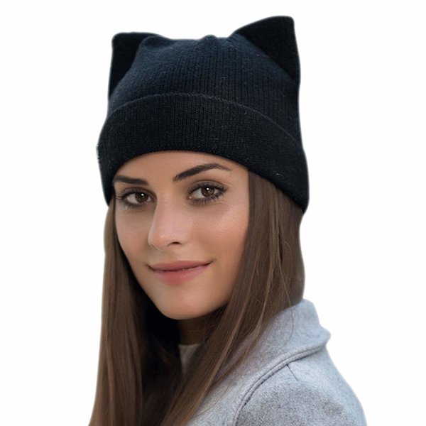 Dam vinter stickad mössa varm mode mössa katt öra mössa black