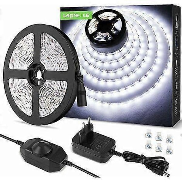 5M LED 1200Lm Kald Hvit Dimbar, 12V 6000K 300 LEDer 2835, Selvklebende LED-stripe med Dimmer, Koblinger + Transformator
