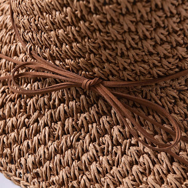 Dam solhatt i halm, hopfällbar solhatt med bred brätte, solhatt med rosett, justerbar strandhatt, elegant hinkhatt, skyddande hatt, khaki