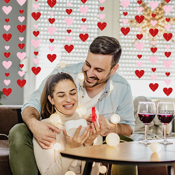Rød og lyserød hjerteguirlande til Valentinsdag, Valentinsdag papir hjerteguirlande fest hængende dekoration, glitter hjerteguirlande banner