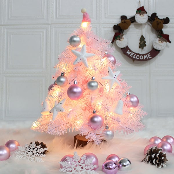 Pöydän joulukuusi, mini vaaleanpunainen joulukuusi Pieni keinotekoinen joulupuu Led-valoilla ja glitterpalloilla Joulun mänty joulukoristeeseen, 45cm