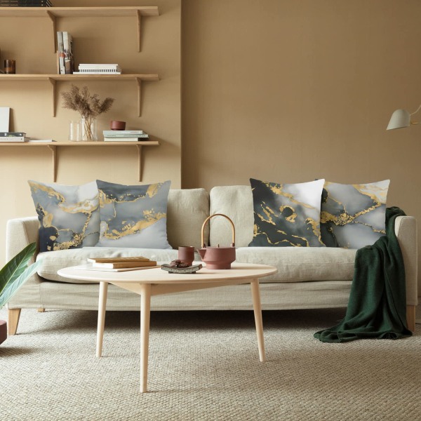 Set om 4 kuddfodral Marmor Grå 45 x 45 cm Dubbelsidig Svart Guld Abstrakt Konst Sammet Mjuk Dekorativ Kuddfodral Dekorativa Kuddfodral