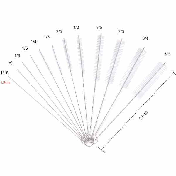 Pullonpuhdistusharjat, 12 kpl putkiharja nylon set pullonlasien puhdistukseen (valkoinen)