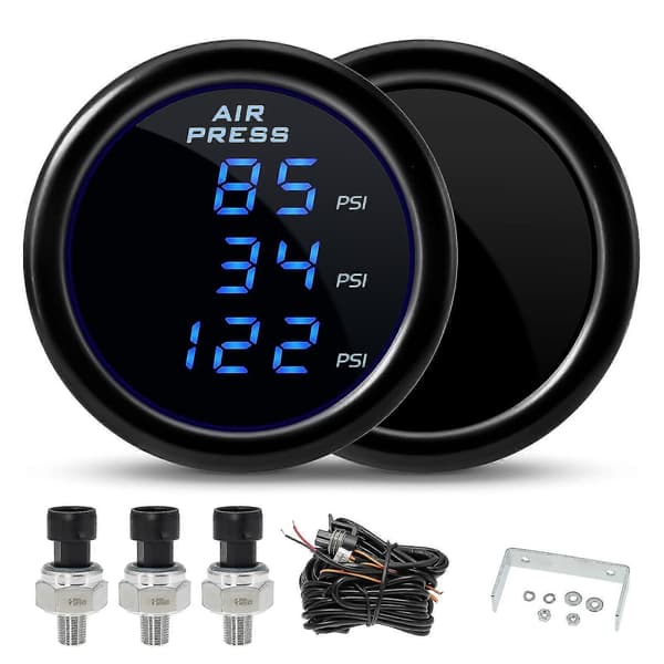 2\" 52mm Digital Luftfjädringstryckmätare 0-220PSI Trippeldisplay Lufttrycksmätare med 2st 1/8 NPT Sensor 5 Meter Kabel