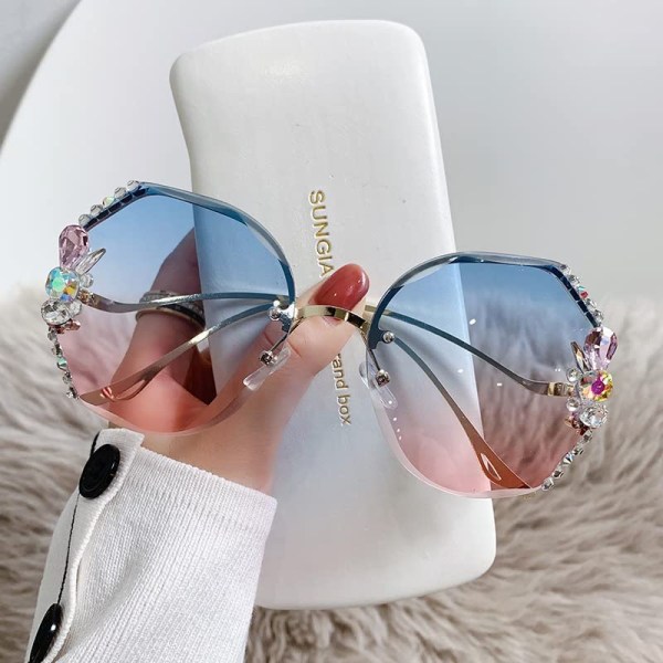 Nya vintage båglösa diamantsolglasögon, överdimensionerade båglösa diamantsolglasögon för kvinnor med diamantskärande lins UV-skydd (blå rosa)
