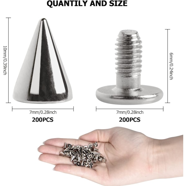 Cone Spikes Screwback Studs 200sets Punk Cool Rivets Punk Studs til Tøj Sko Læder Tilbehør DIY Håndværk (Sølv)