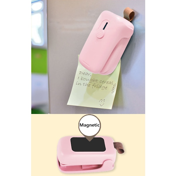 Mini Bag Sealer 2 i 1 Håndholdt Vakuumforsegler og Kutter med Lanyard Matbeskytter Brukes til Forseglings Plastposer（Rosa）