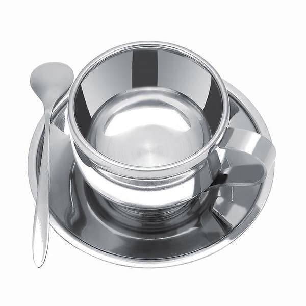 Isoleret dobbeltvægget kaffekop i rustfrit stål med underkop og skesæt