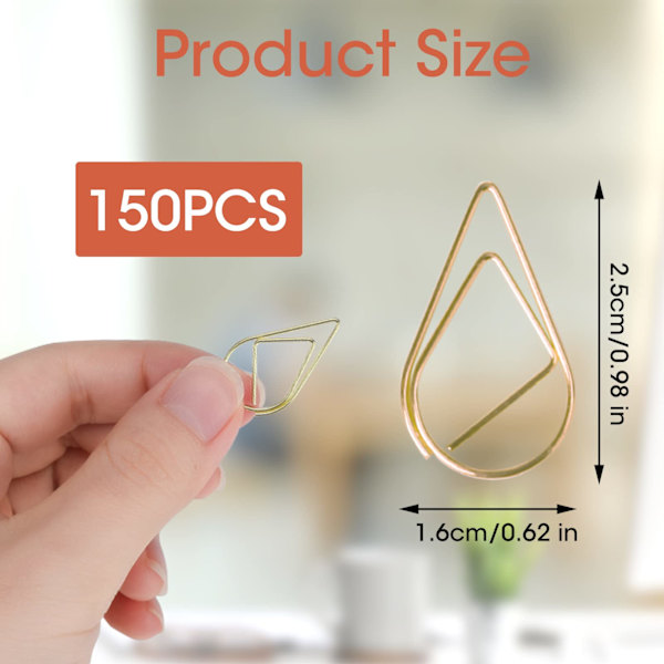 150 metalliset paperclip-kirjanmerkit, kultaiset vesipisaran muotoiset kiinnikkeet  Pisaran muotoiset paperiliittimet kirjoille, valokuville, julisteille, muistiinpanoille, muistilapuille 16 * 25mm