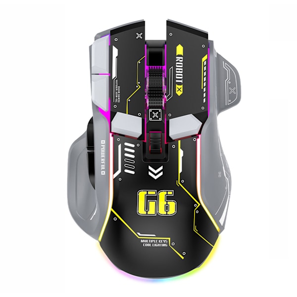 G6 Trådlös spelmus, Bluetooth-mus, 3-lägesanslutning, Mecha-stil design, 12 knappar, 11 RGB-belysning, 5 justerbar DPI, 4000 FPS, Ergonomi black