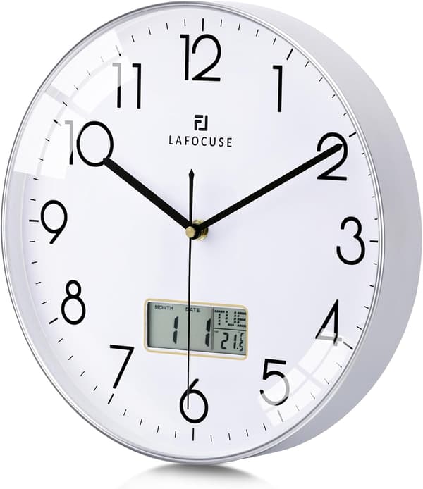 Tyst Kök Väggklocka med Datum och Dagtemperatur, Silver Väggklockor för Vardagsrum Modernt Sovrum, LCD-Display Kvarts Digital Väggklocka silver