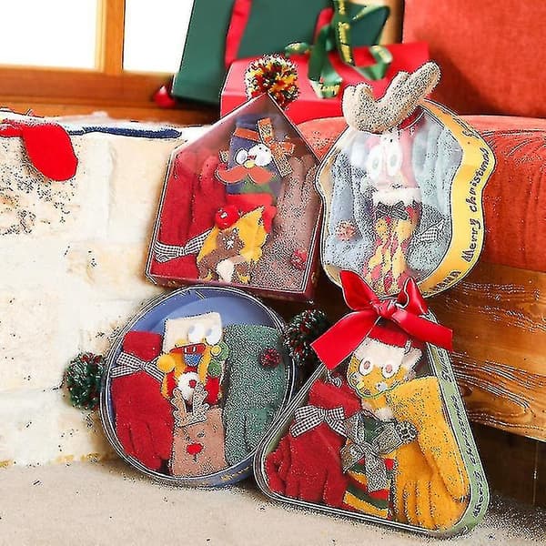 4-pack Julklappsförpackning Korallfleece Förälder-barn Julstrumpor Julklappspåse Stickade strumpor