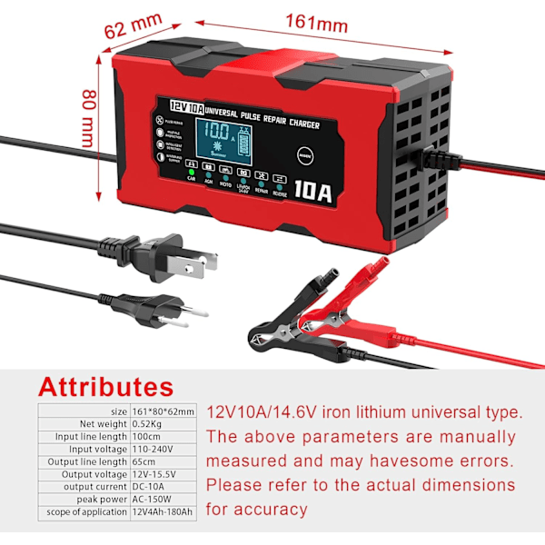 10A 12V LiFePO4 Batteriladdare, Smart Batteriladdare med Automatisk Reparationsfunktion och LCD-Display, Billaddare för Bilar, Motorcyklar, Lastbilar