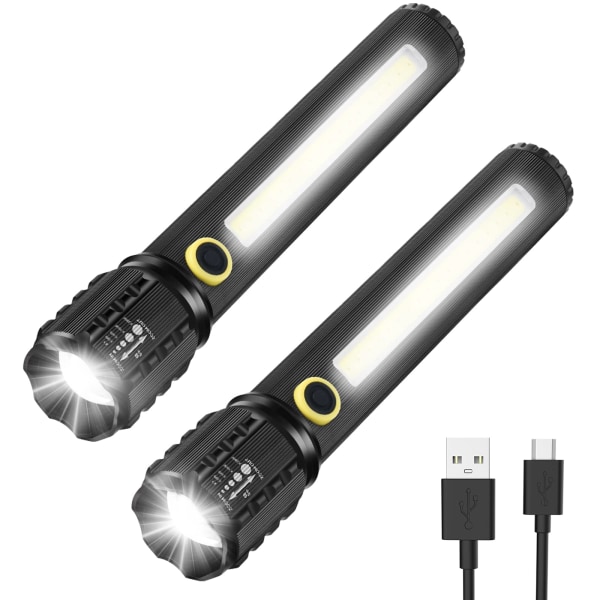 LED-lommelygte genopladelig, GeeRic 2 stk. Professionel lommelygte USB Super Bright Zoomable Mini lommelygte IP67 Vandtæt 3 tilstande Bærbare lommelygter