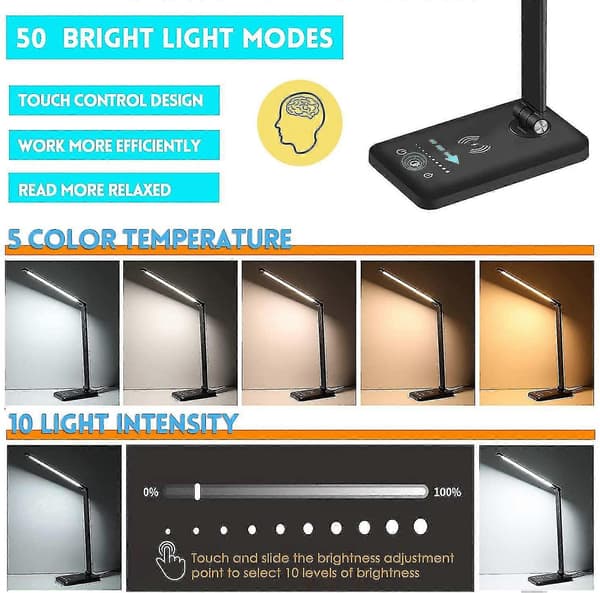 LED-skrivebordslampe med trådløs opladning, sort, 33*12*39 cm